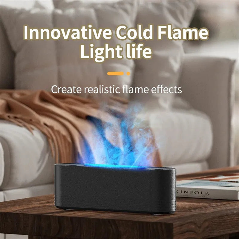 Black Flame Air ultrasonic humidifier with LED lights creating mist and flame effects on wooden surface