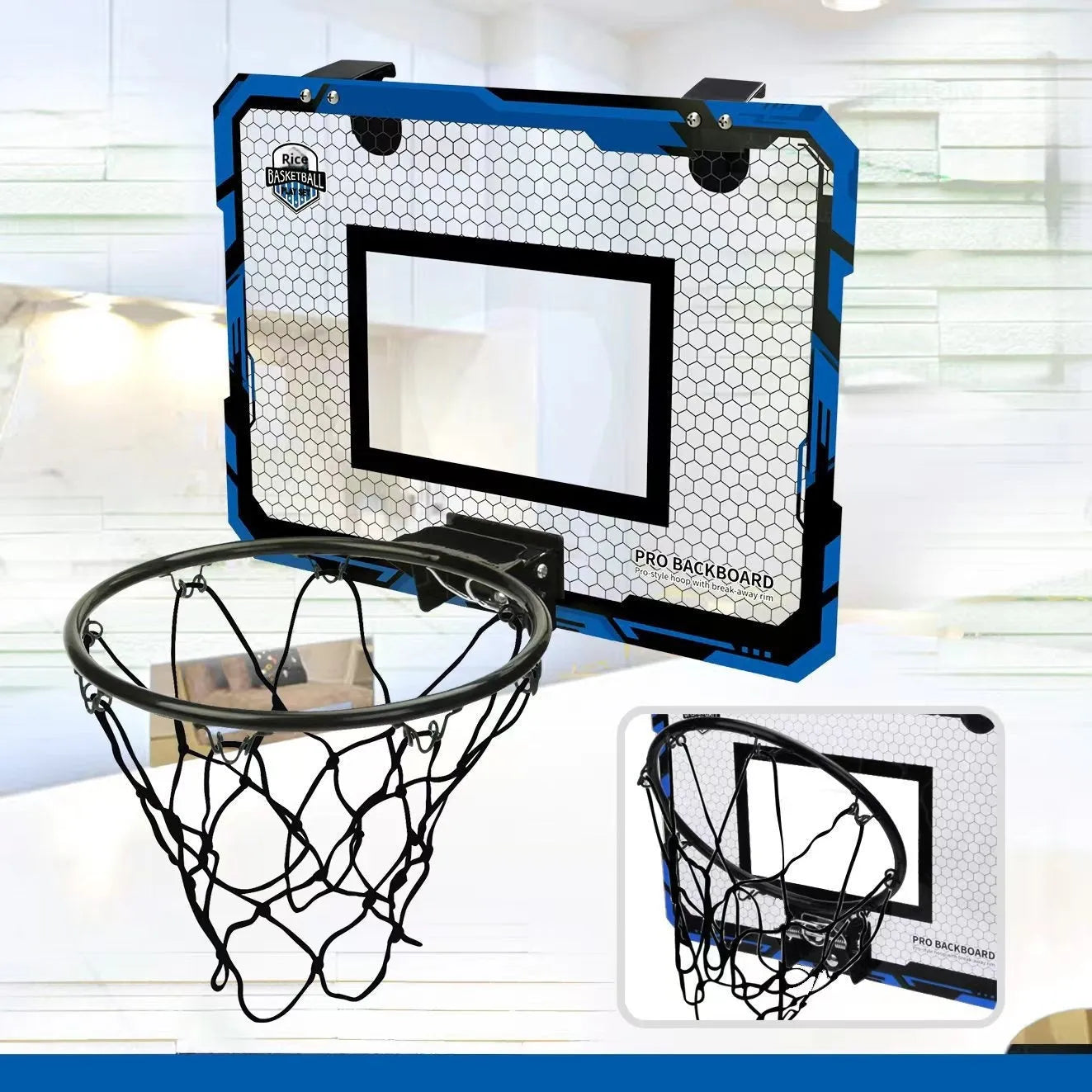 Red and blue folding basketball frame with suction cups and hook on a 400x300mm panel.