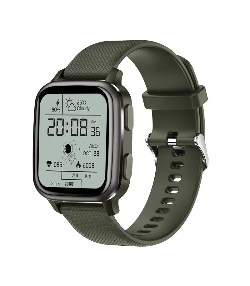 Aluminium alloy smart watch showing Bluetooth call, heart rate monitoring, and menstrual tracking features on display.