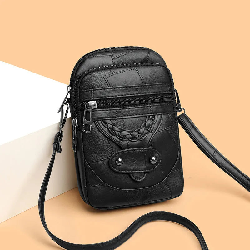 Brown retro style mobile phone bag with weaving patterns and decorative rivets on soft leather PU material