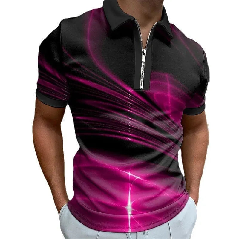 Men's blue loose fit short sleeve zipper polo shirt made from bird eye cloth.