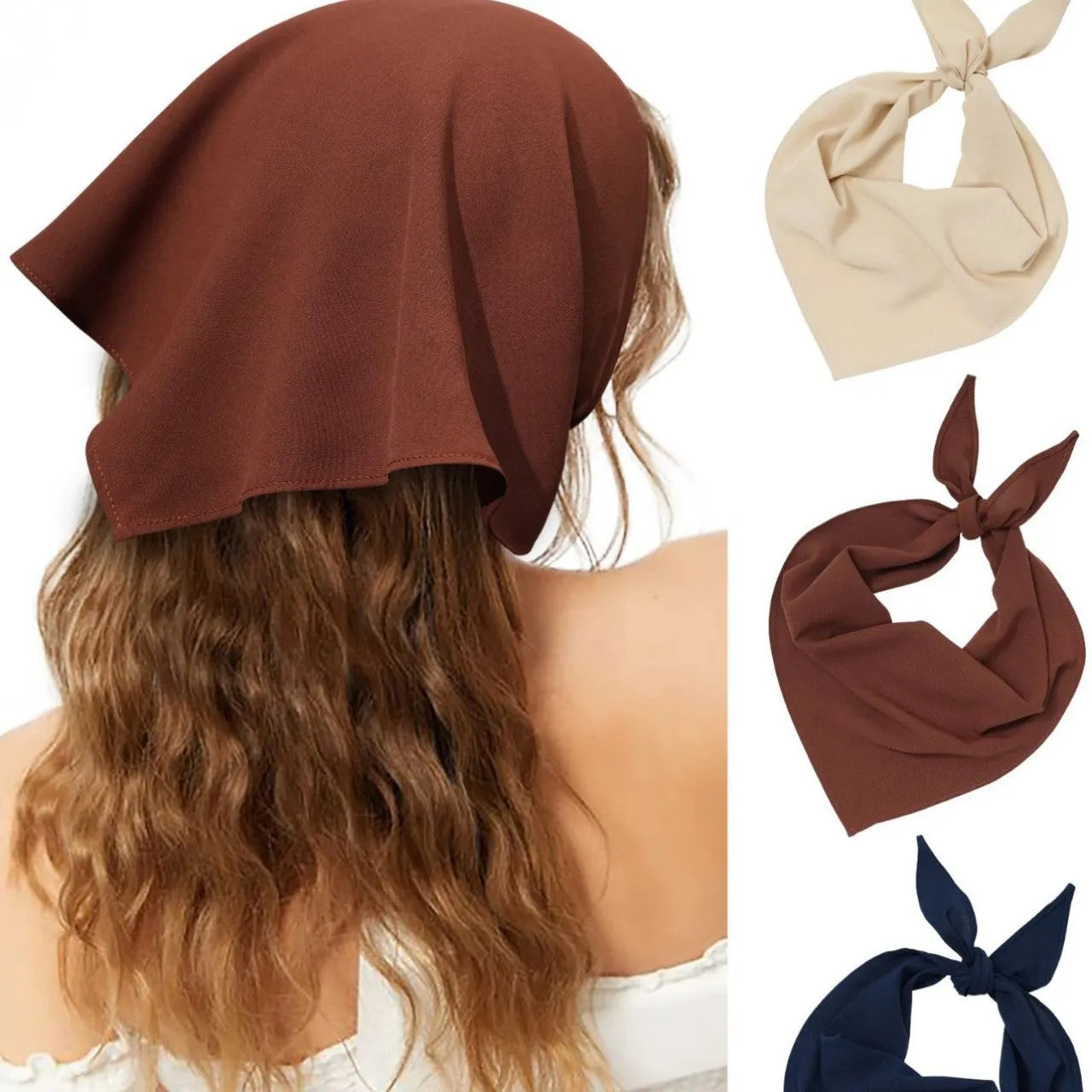 Women's solid colour cloth fabric triangle headscarf in Khaki tied around head