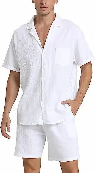 Men's flax fabric sports shorts suit with short-sleeved top and matching shorts