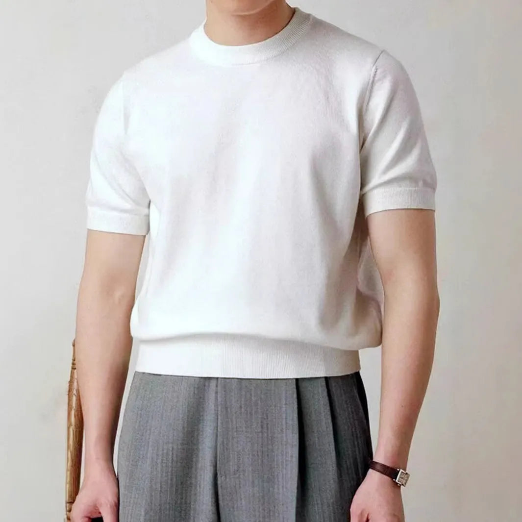 Round neck short sleeve knitted T-shirt in Tencel viscose blend available in black dark gray and white sizes XS to XXL