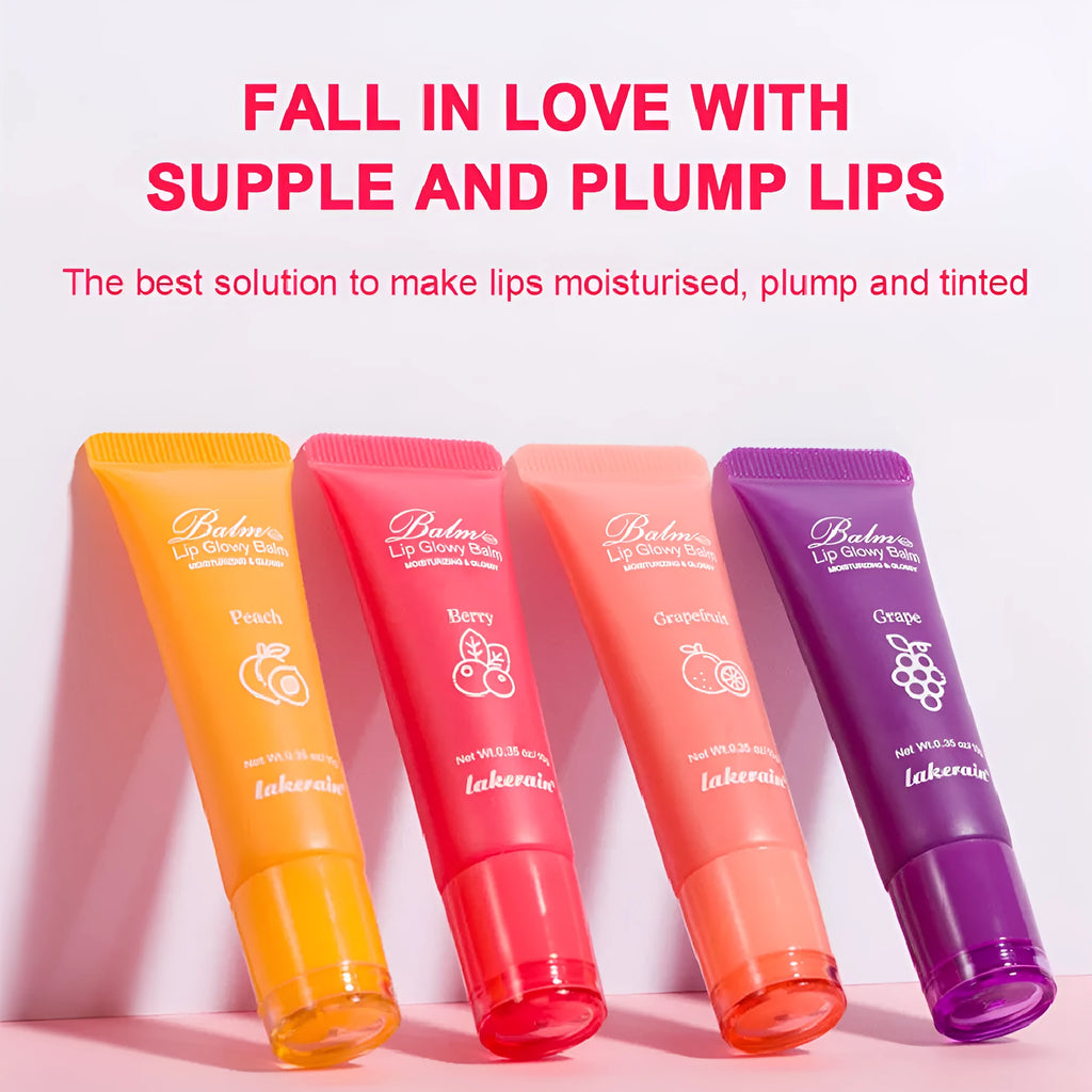 Women's lip gloss tube in one of four fruity flavours: yellow peach, berry, grapefruit, or grape.