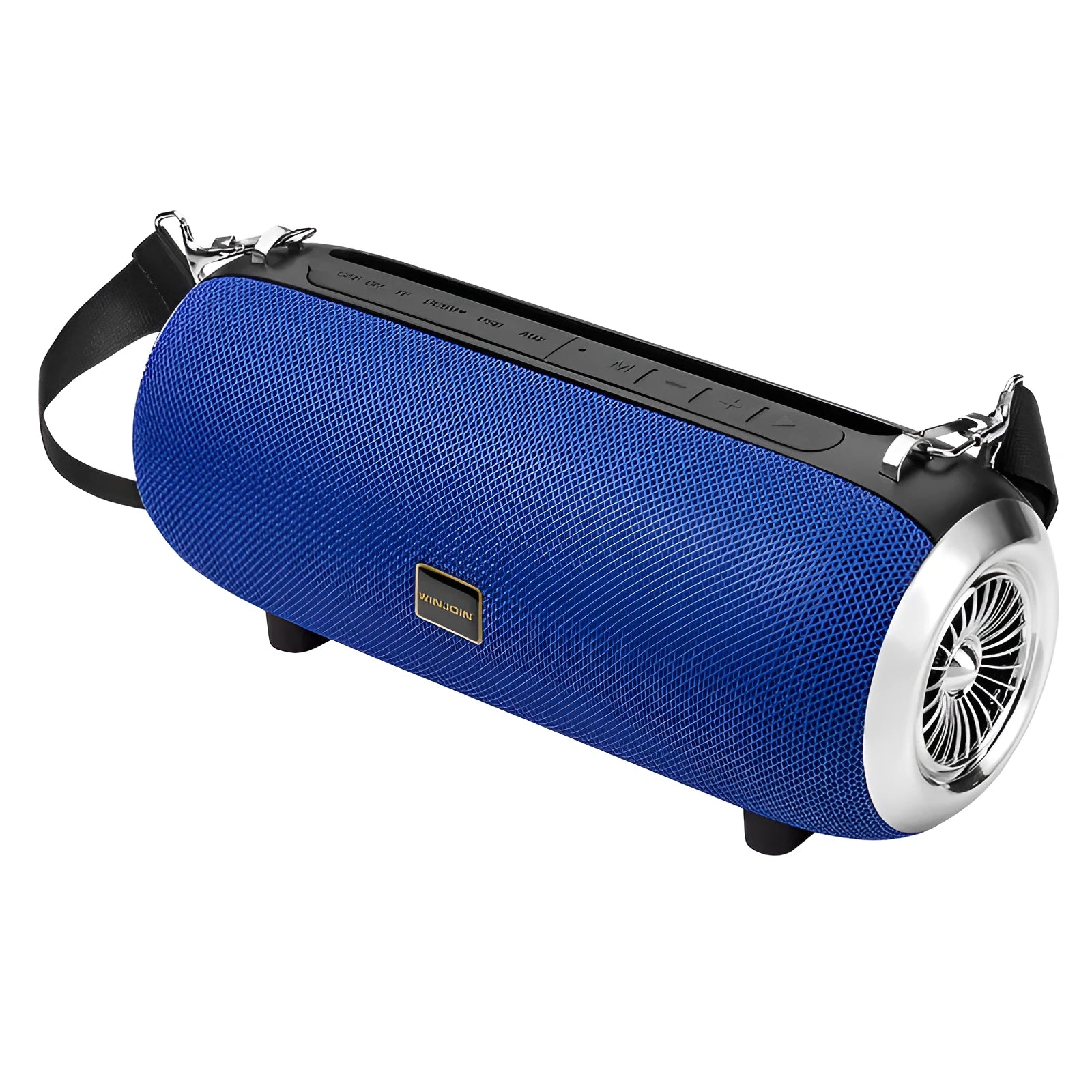 F666 portable Bluetooth speaker with fabric mesh finish, shoulder strap, and display showing FM radio frequency.