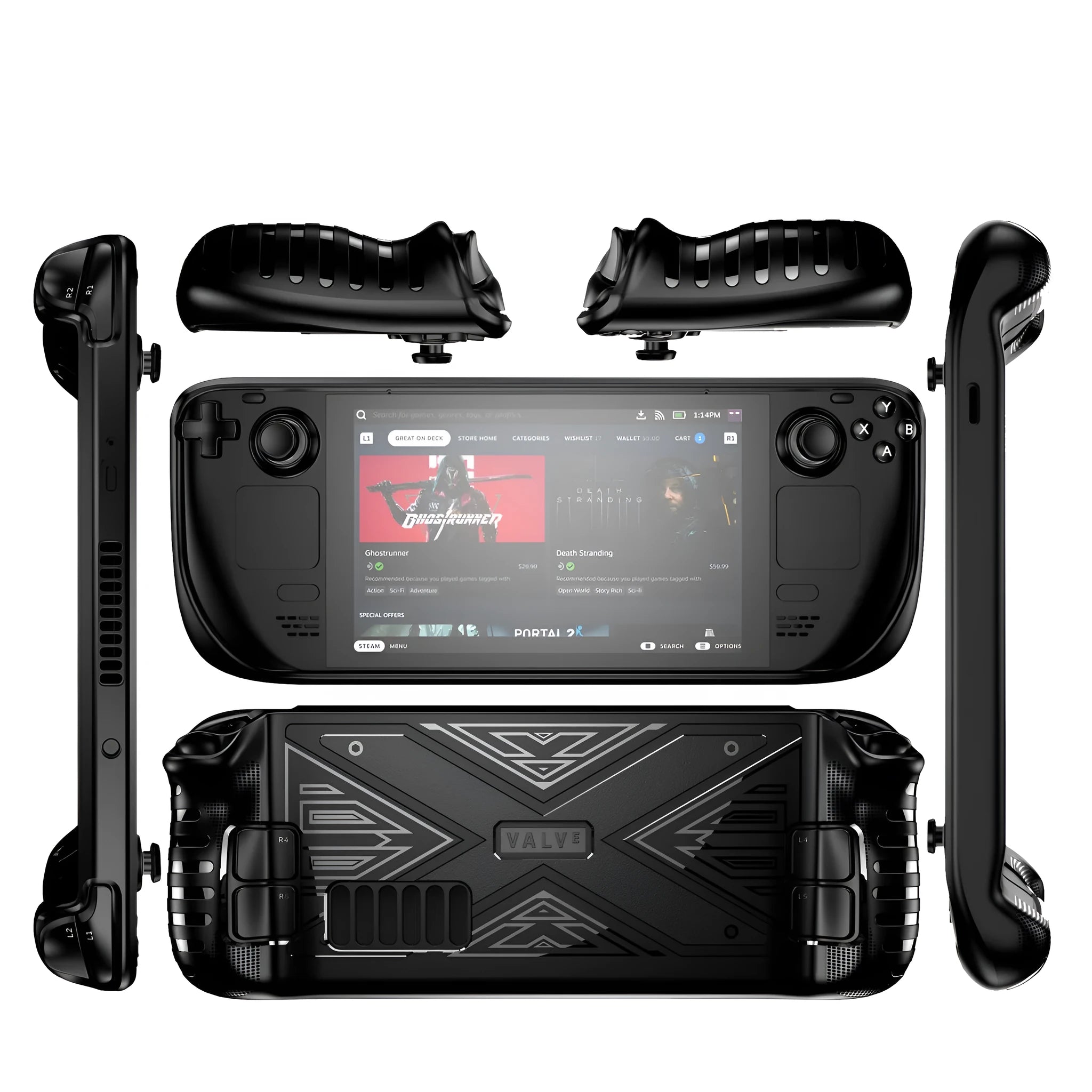 Steam Deck game console protective case in TPU material, showing black, blue and red colour options