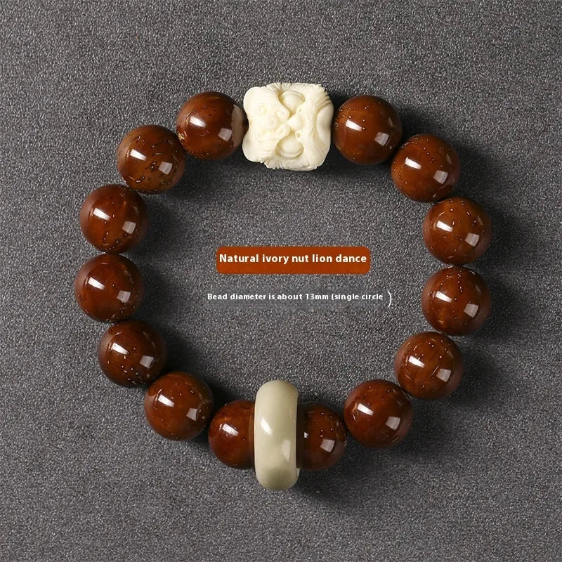 Hand-woven ivory nut lion round beads bracelet with 13mm beads and retro national style design