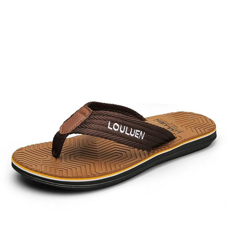 Men's flip flops in black, khaki, or green with a non-slip PVC sole and EVA upper.