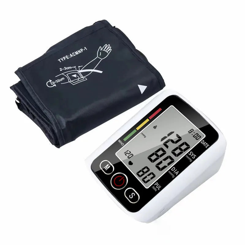 Automatic electronic arm blood pressure monitor with large LCD screen and black cuff.