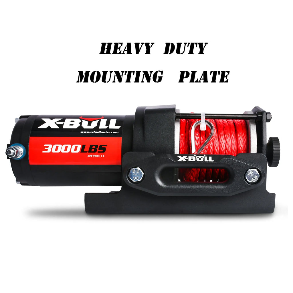 Black electric winch with nylon rope on off-road vehicle for self-rescue