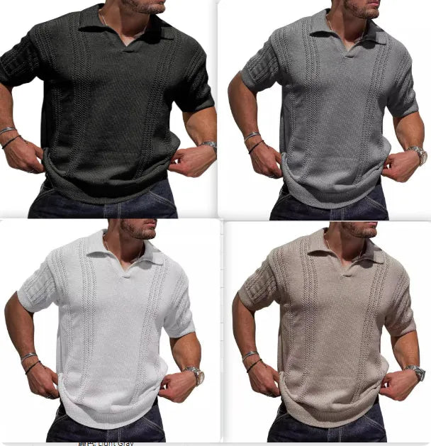 Men's knitted polo shirt short sleeve V-neck hollow in black cotton blend loose fit