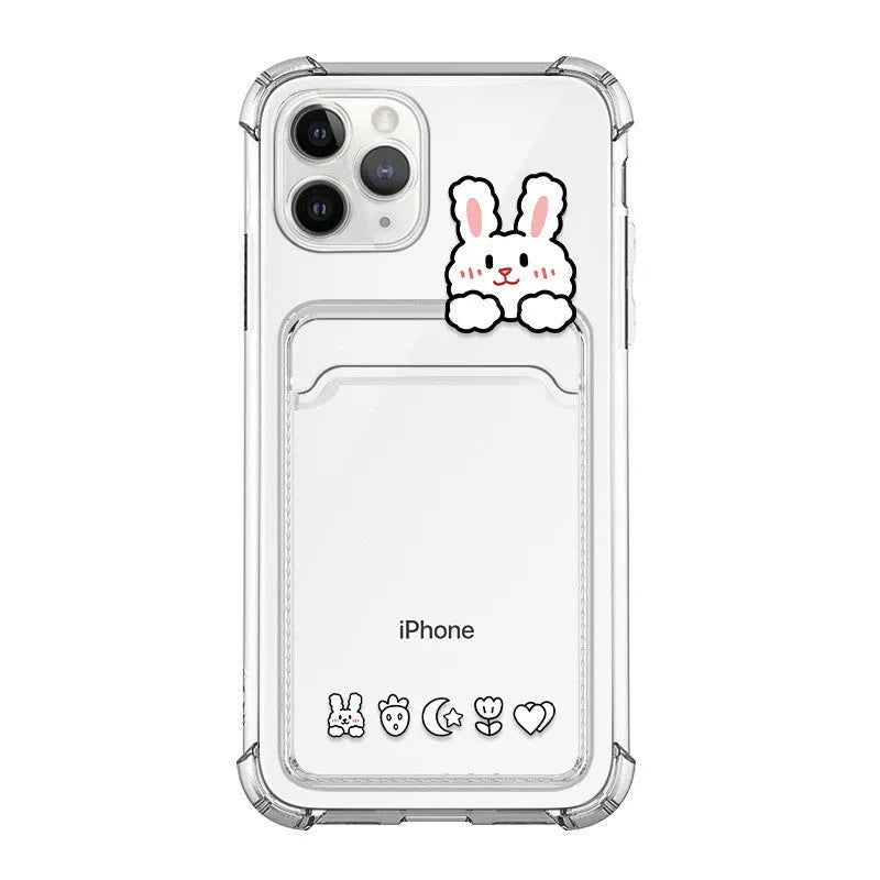 Cartoon design transparent TPU phone case with integrated card holder for Apple iPhone.