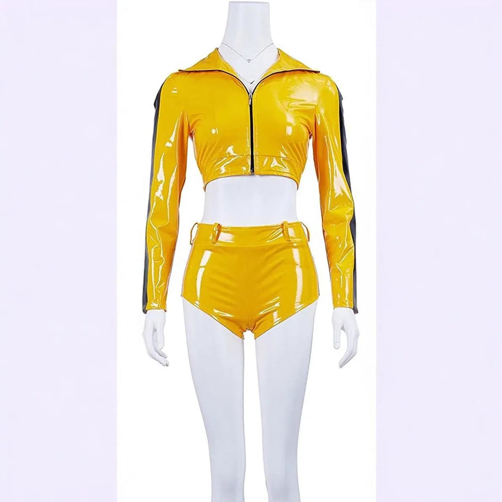 Yellow polyester micro-string dyeing short-sleeved top and shorts two-piece role-playing costume set