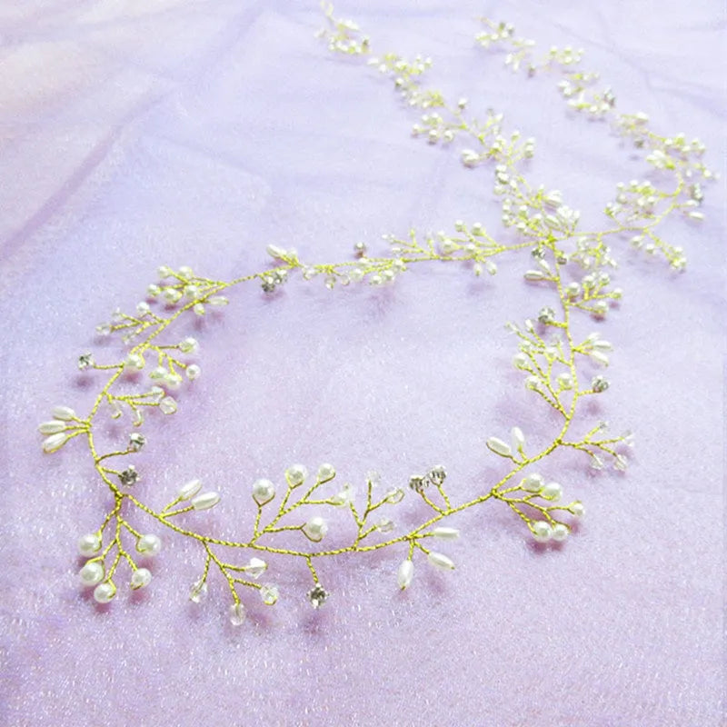 Bride's long hair band with crystal pearls in silver, gold, and rose gold colour options