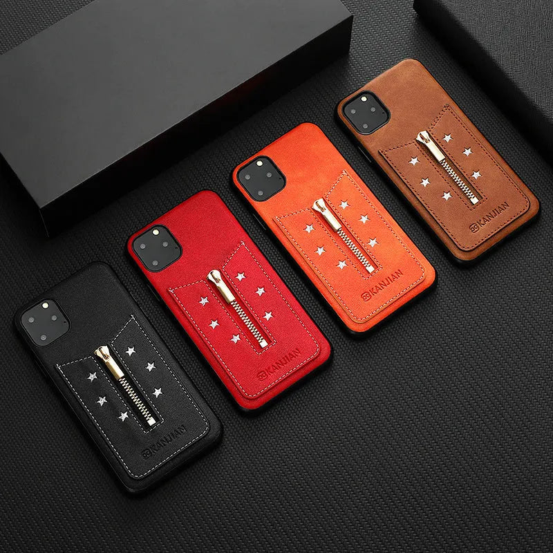 Black PU leather zipper phone case for iPhone and Samsung Galaxy Note models.