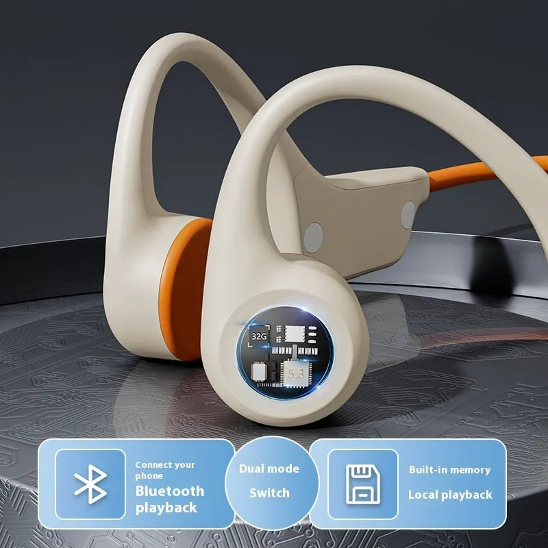 Bone conduction Bluetooth headset with non in-ear ear hook, 32G memory option, ABS body, black or beige colour