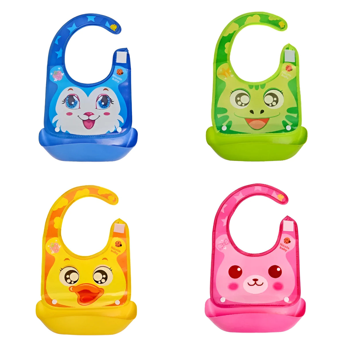 Cartoon baby PVC three-dimensional bib with blue koala pattern, silicone pocket and cotton cloth section on white background