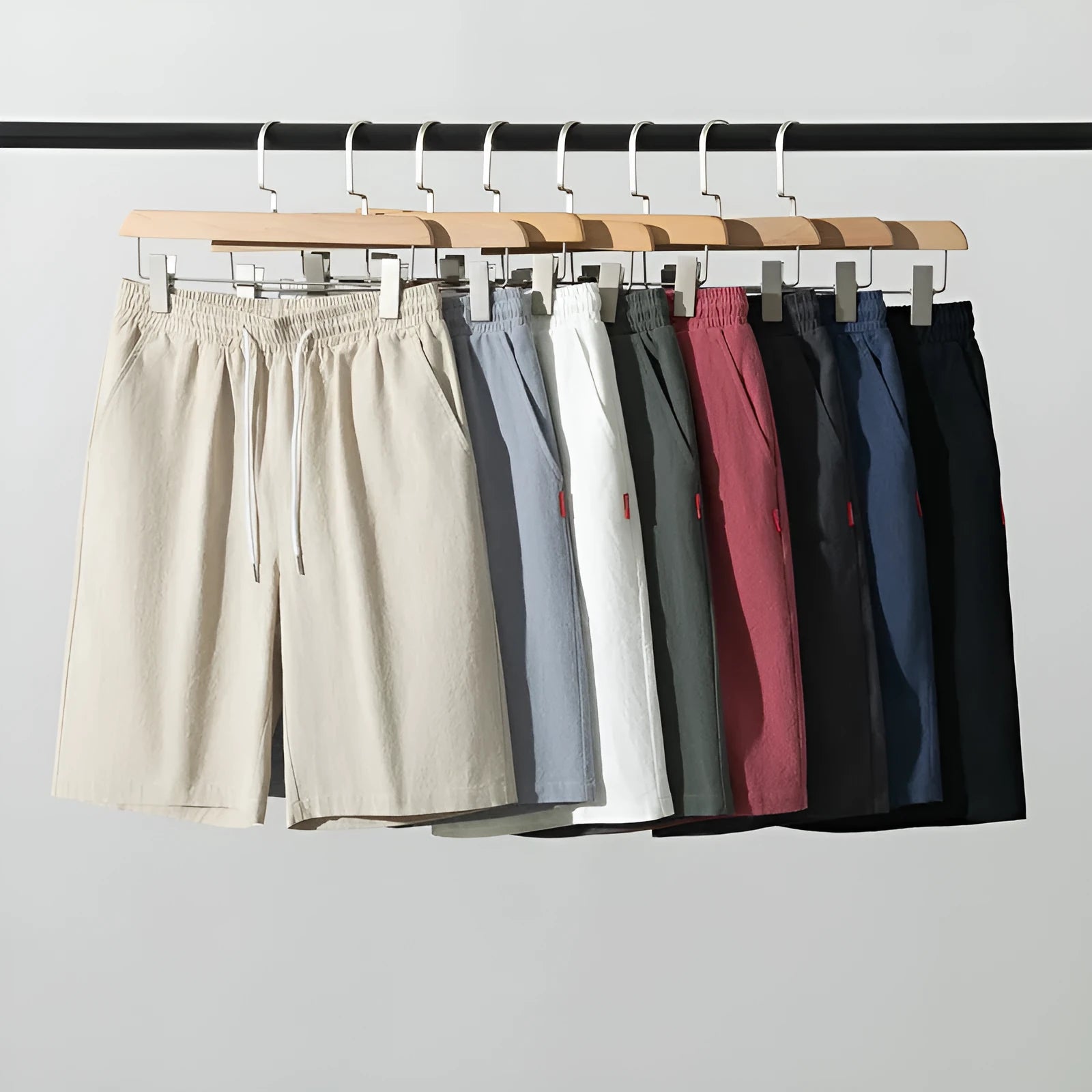 Chinese style solid colour cotton linen cropped summer pants on a hanger
