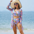 Multicolor printed bikini three piece swimsuit set in polyester with top, pants, and coat