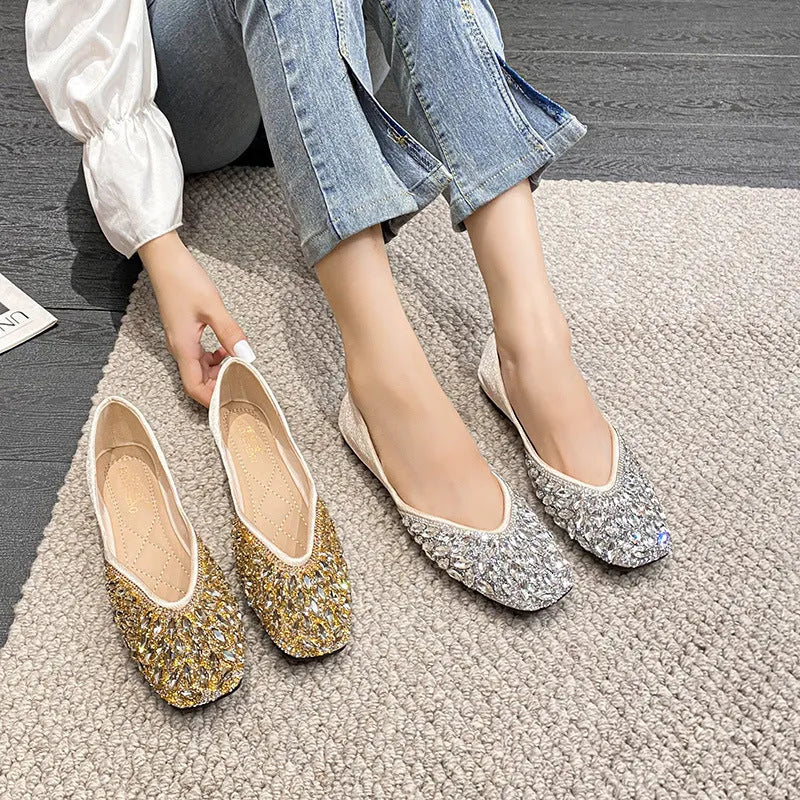 Flat bridesmaid shoes silver square toe satin with rhinestones and sequins