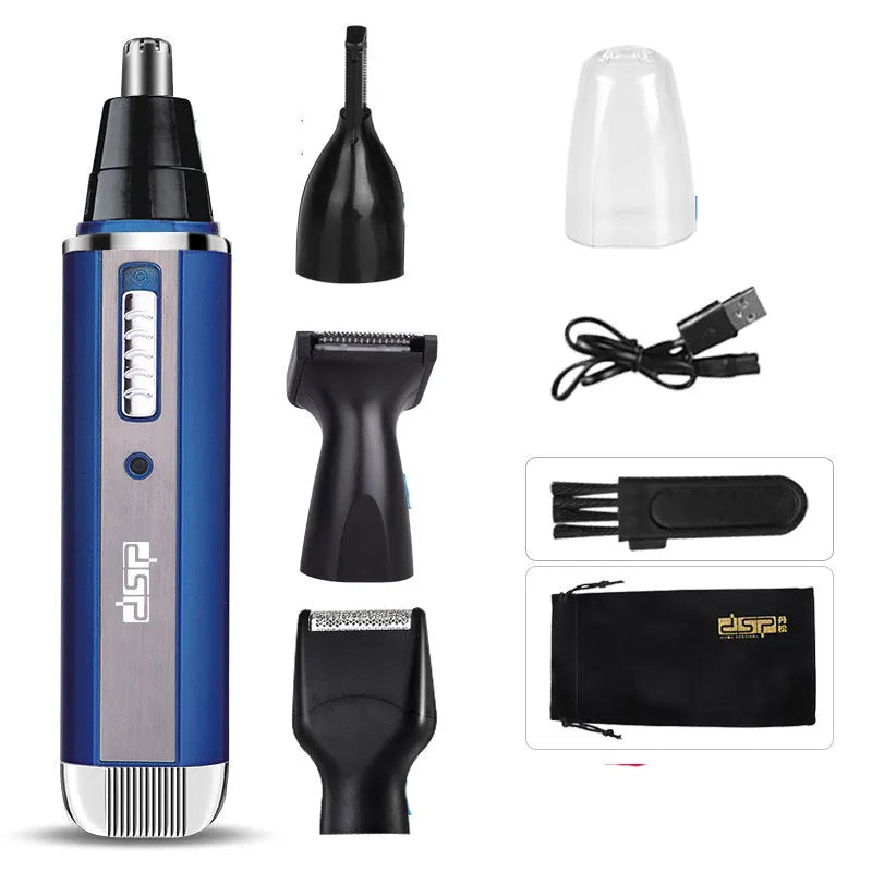 Blue battery-powered electric shaver with main shaving head and a separate nose hair trimmer attachment.
