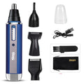 Blue battery-powered electric shaver with main shaving head and a separate nose hair trimmer attachment.
