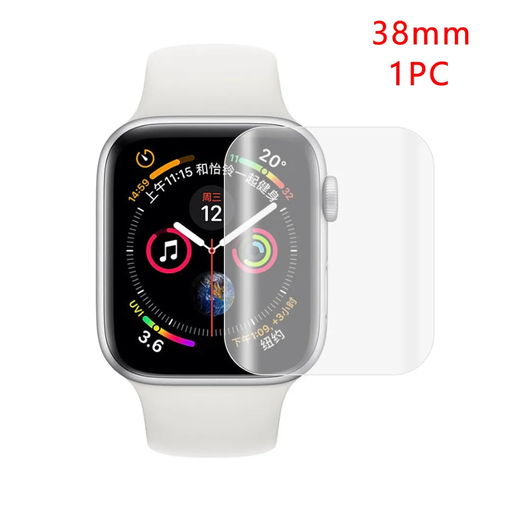 Apple Watch full coverage hydrogel screen protector showing transparent film with self-adhesive backing