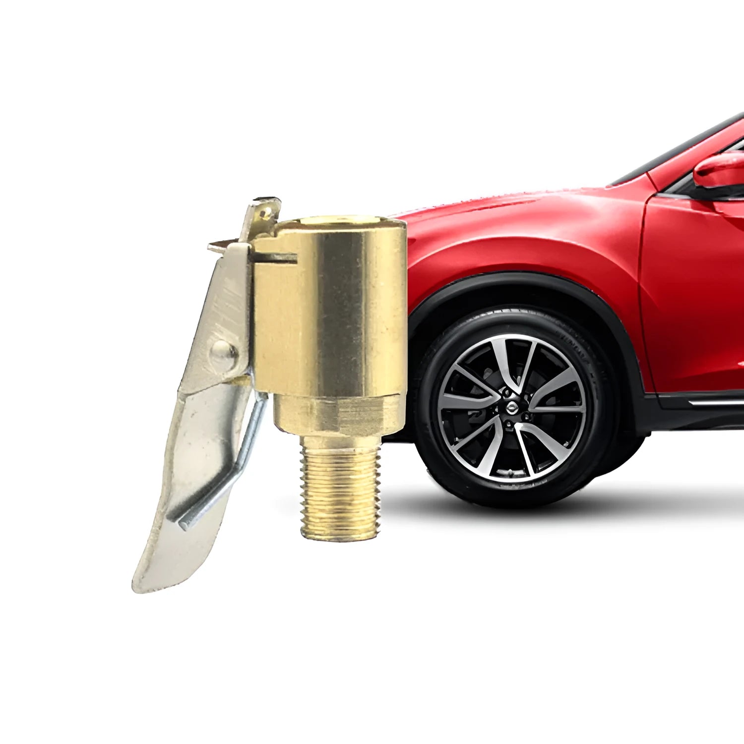 Copper tyre inflation clamp for vehicle 8V1 valves showing bulging mouth design