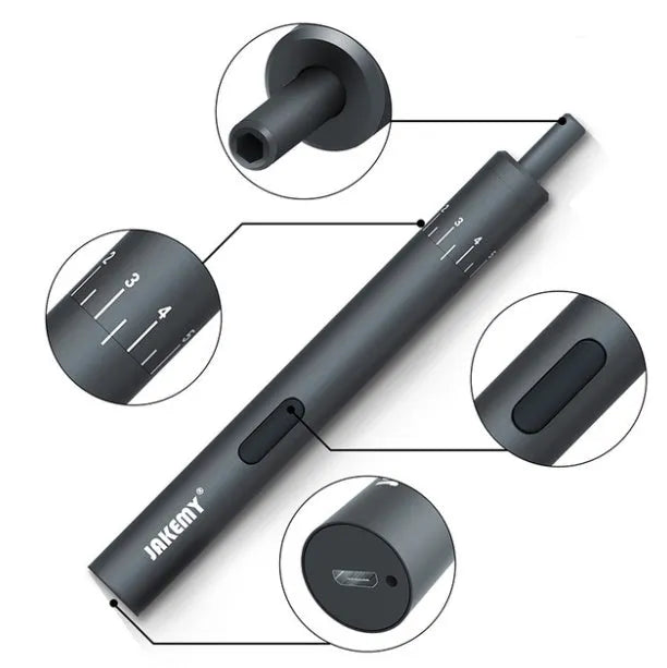 Black pen-type electric screwdriver with aluminium casing showing torque adjustment settings