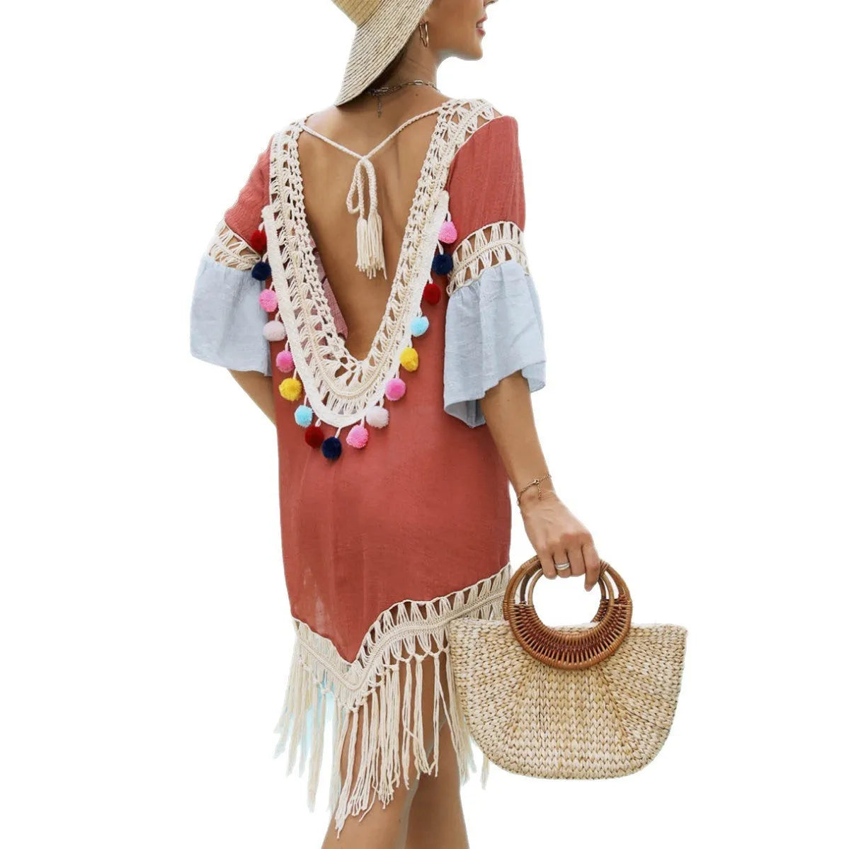 Orange floral pattern beach overskirt with hand crochet stitching and bamboo cotton tassel details