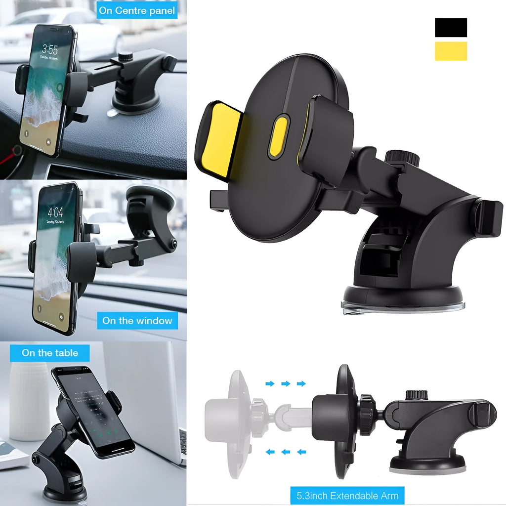 Car phone holder with black suction cup and telescopic arm on car dashboard