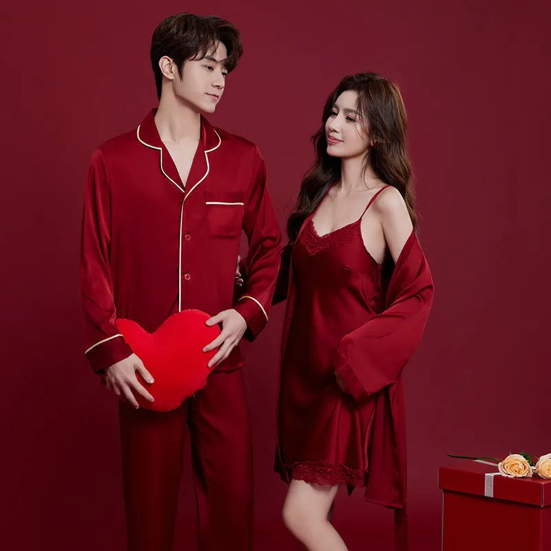 Matching red ice silk polyester sleepwear set for men and women with long sleeves and trousers