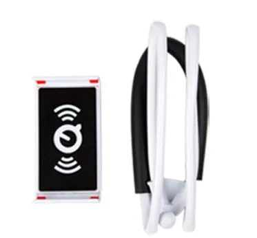 White universal neck phone holder with 360-degree rotating clamp on a table