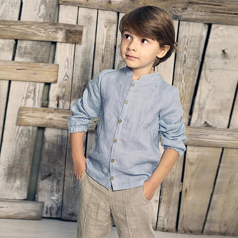 Baby long sleeve top in cotton and linen, blue and white, for 90-130cm height