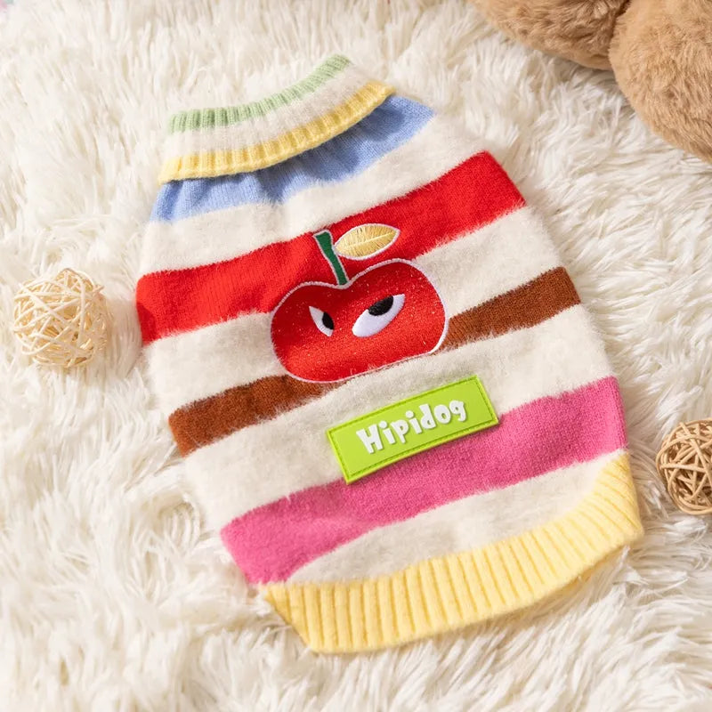 Corgi special rainbow apple striped knitted dog pullover sweater in brown and white on a light background