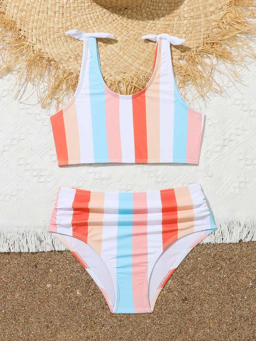 Girls' colourful plaid print swimsuit set with bra and briefs for swimming