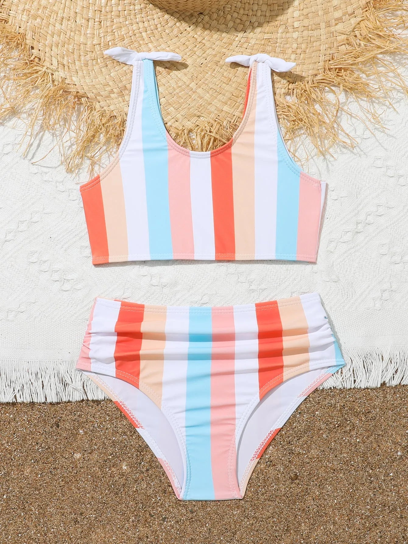 Girls' colourful plaid print swimsuit set with bra and briefs for swimming