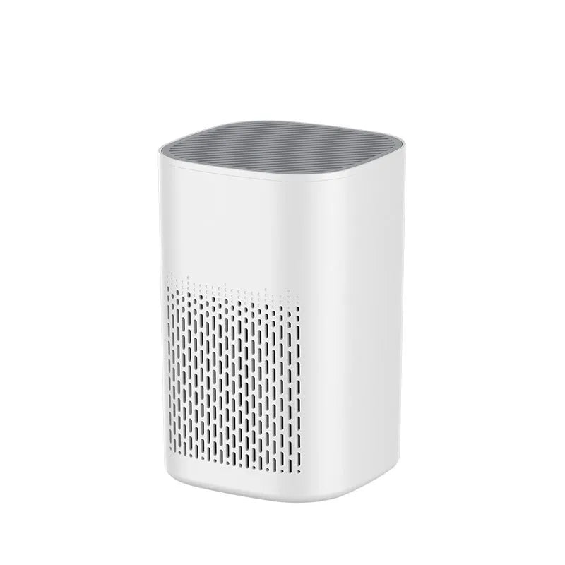 Desktop air purifier in simple white finish, USB powered, for rooms under 10 square metres