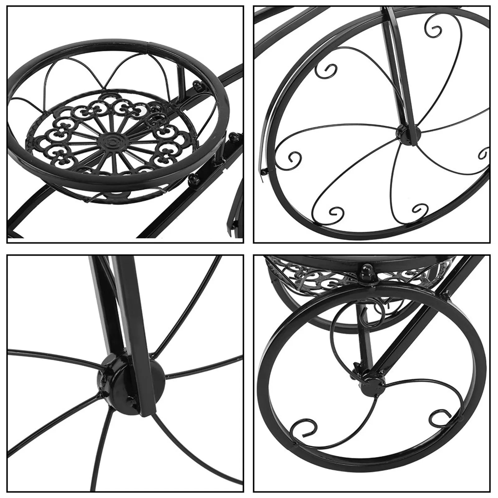 Black wrought iron tricycle plant stand with three round baskets holding small potted plants on a patio