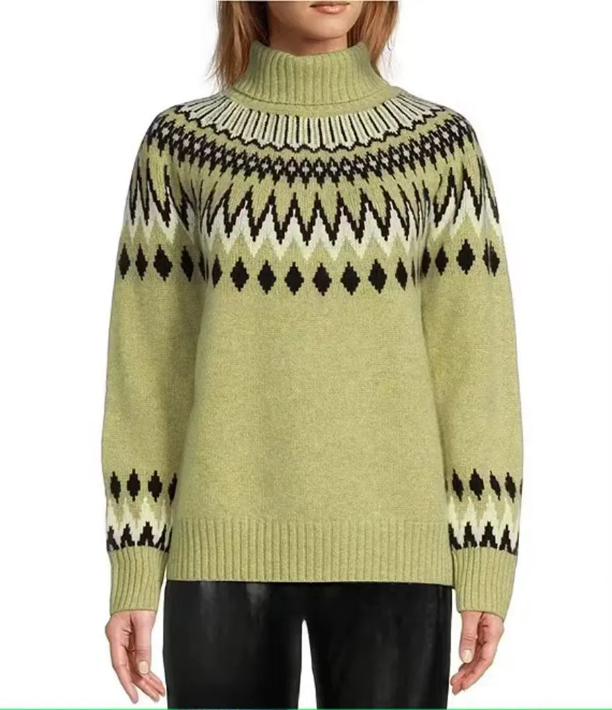 Women's knitted sweater in brown, acetate fibre jacquard pullover with long sleeves, front view