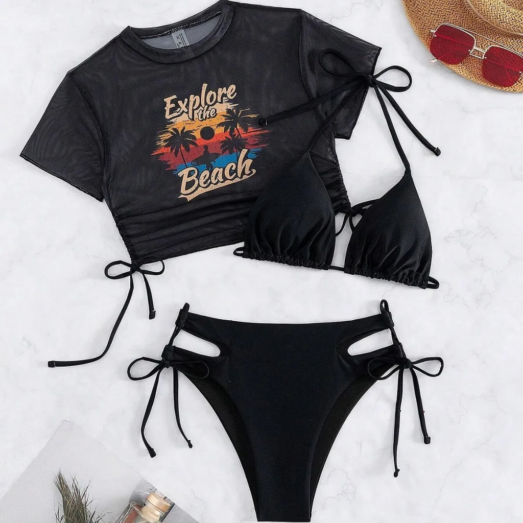 Women's three-piece bikini swimsuit set showing short-sleeved top, bra, and pants in multiple colours.