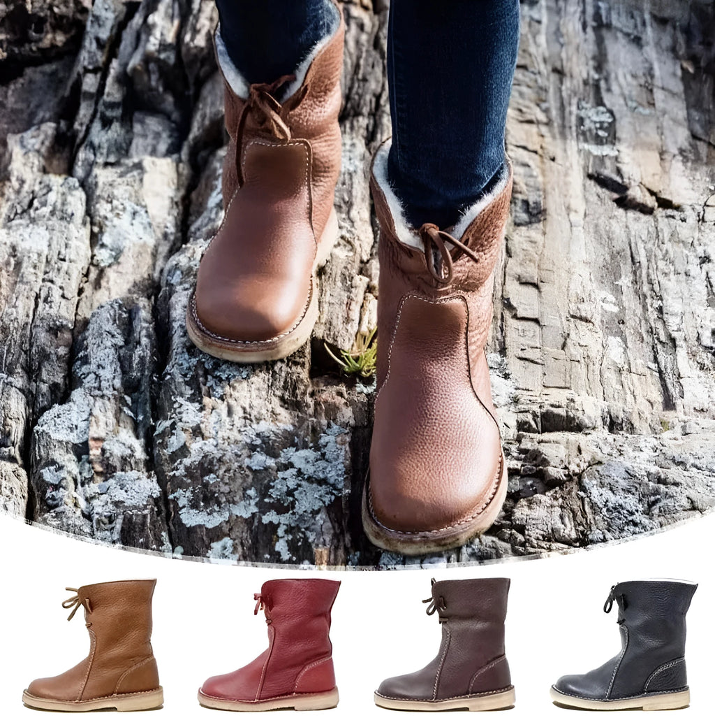 Women's winter snow boots with lace-up design, cotton lining, and non-slip rubber sole in a choice of colours