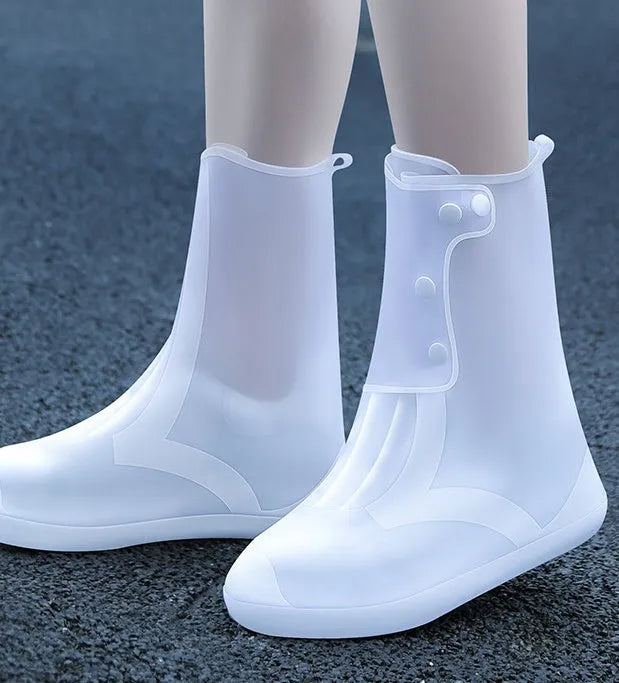 White PVC women's reusable waterproof shoe covers with high top design