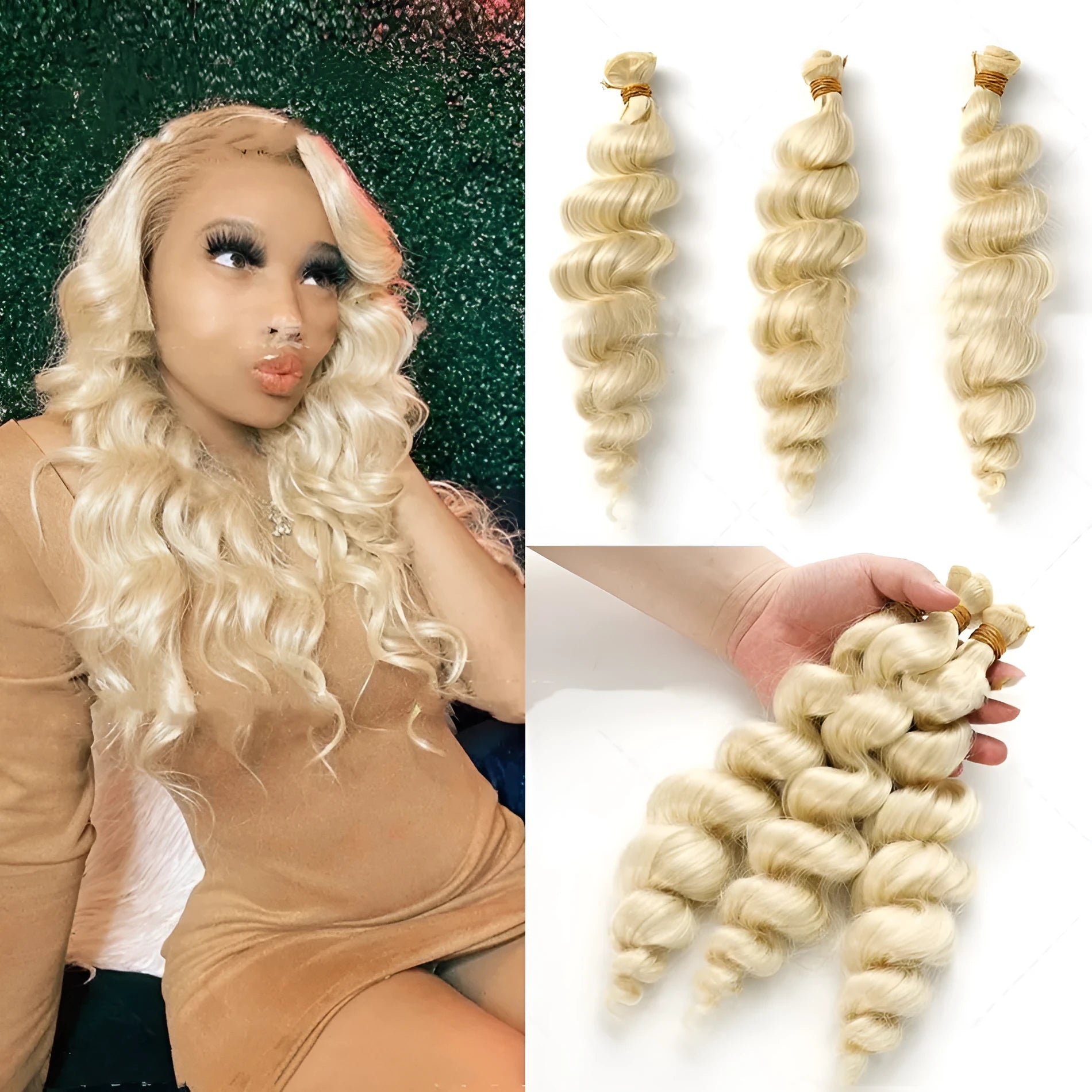 Golden synthetic fibre wig for women shown in 18-inch, 20-inch, and 22-inch length options.