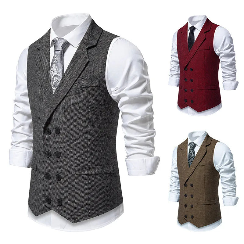 Men's herringbone tweed suit vest with double-breasted retro lapels, slim fit, pleated patch pockets, solid colour, straight hem