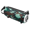 F666 portable Bluetooth speaker with fabric mesh finish, shoulder strap, and display showing FM radio frequency.