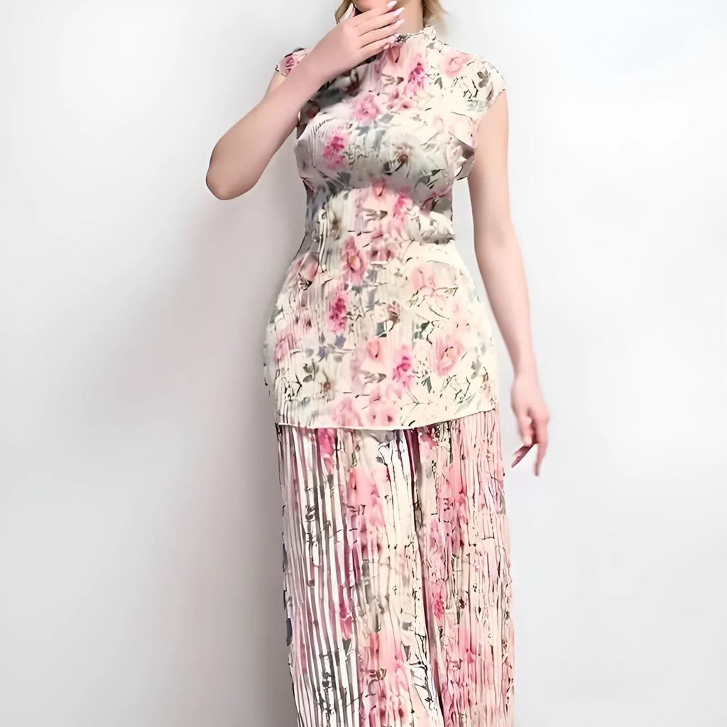 Women's long sleeve printed chiffon dress with high waist, complete two-piece set