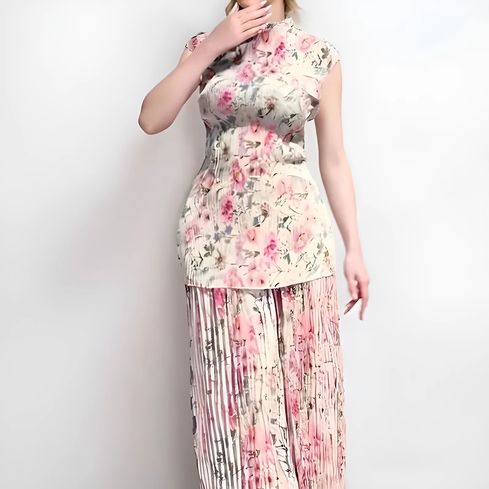 Women's long sleeve printed chiffon dress with high waist, complete two-piece set