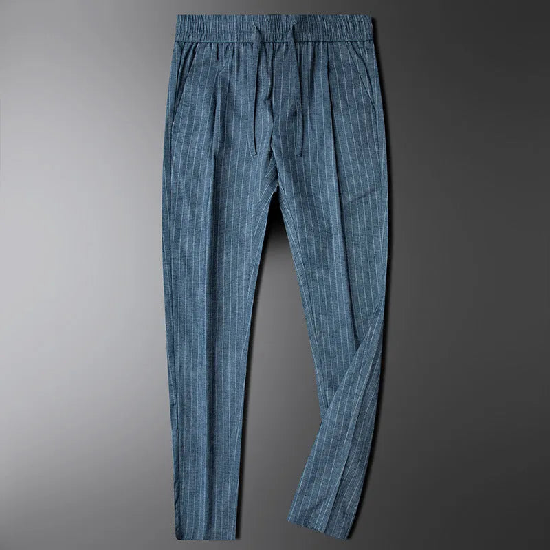 Men's casual linen striped trousers in blue gray, showing elasticated waist and straight leg